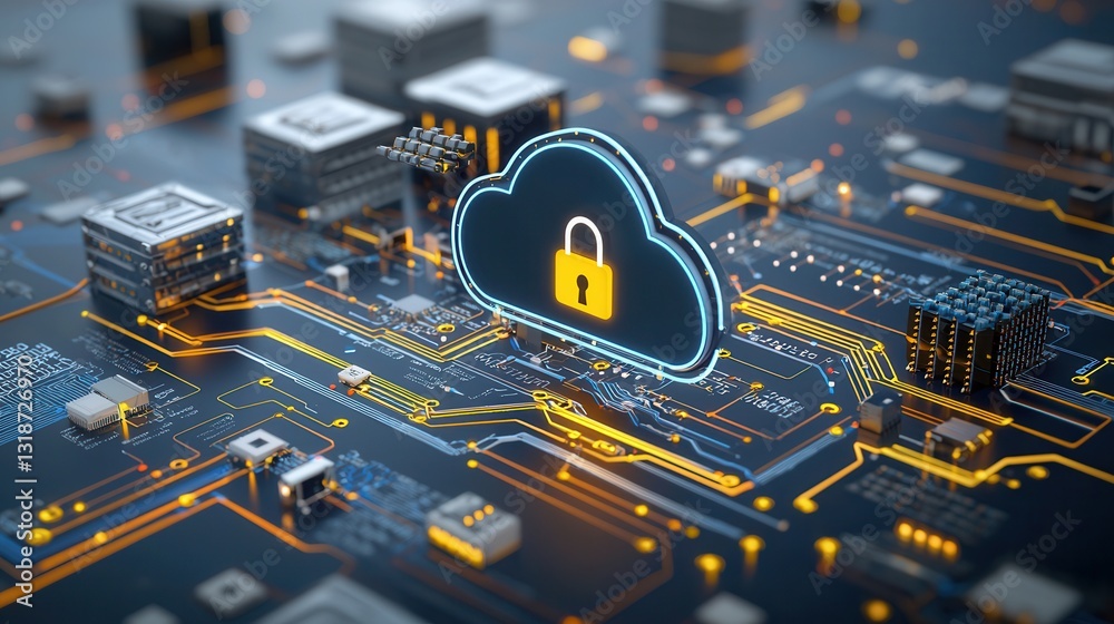 Poster cybersecurity in cloud computing represented through secure digital infrastructure with lockpad icon