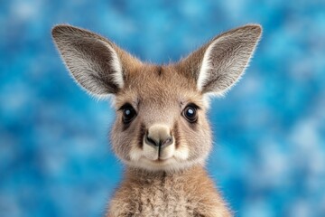 Fototapeta premium Cute kangaroo joey with large ears poses against a vibrant blue backdrop, showcasing its adorable features and expressive eyes