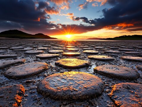 Scenic Sunset Over Rocky Shoreline with Reflective Water and Dramatic Clouds - Powered by Adobe