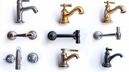 Fototapeta premium Diverse faucet collection featuring various styles, metals, and finishes on a plain surface