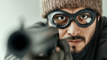 Man with a gun and a hat on. He is wearing black glasses and a black hat