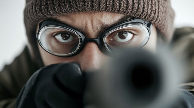 Man with glasses and a brown hat is holding a gun. He is looking at the camera with a serious expression - Powered by Adobe