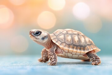 Fototapeta premium Baby tortoise explores its surroundings in soft natural lighting during a peaceful afternoon