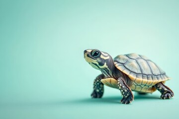 Adorable turtle walking on a fresh mint green background showcasing its unique shell and eyes