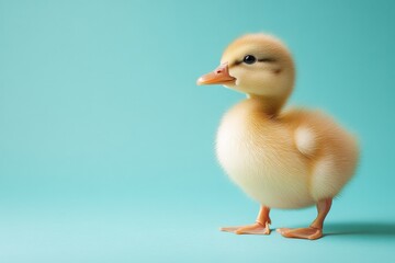 Obraz premium Soft yellow duckling stands on a blue background looking curiously to the side in a light and playful setting