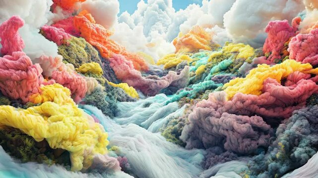 A procedural generated surreal landscape with abstract hills, flowing textures, and vivid colors. An abstract texture.
