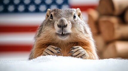 Small squirrel is standing in front of an American flag. The squirrel is looking at the camera and he is curious or surprised