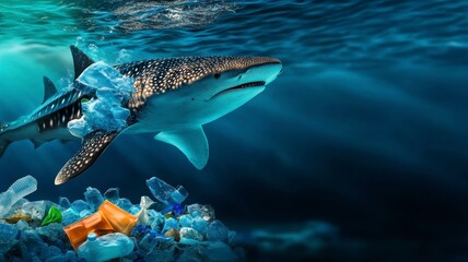 Fototapeta premium Whale Shark Conservation concept Shark swimming through plastic waste in a polluted ocean environment.