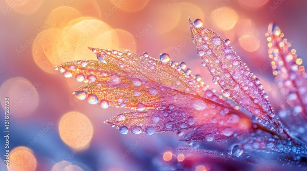 Poster bright autumn leaves adorned with glistening droplets create a stunning display in early morning lig