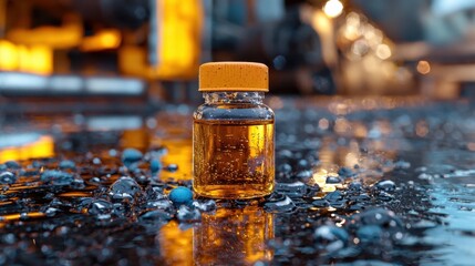 High-Quality Image of a Laboratory-use amber bottle with a protective exterior, ensuring safe storage of medical products See the golden liquid contents preserved perfectly within this robust