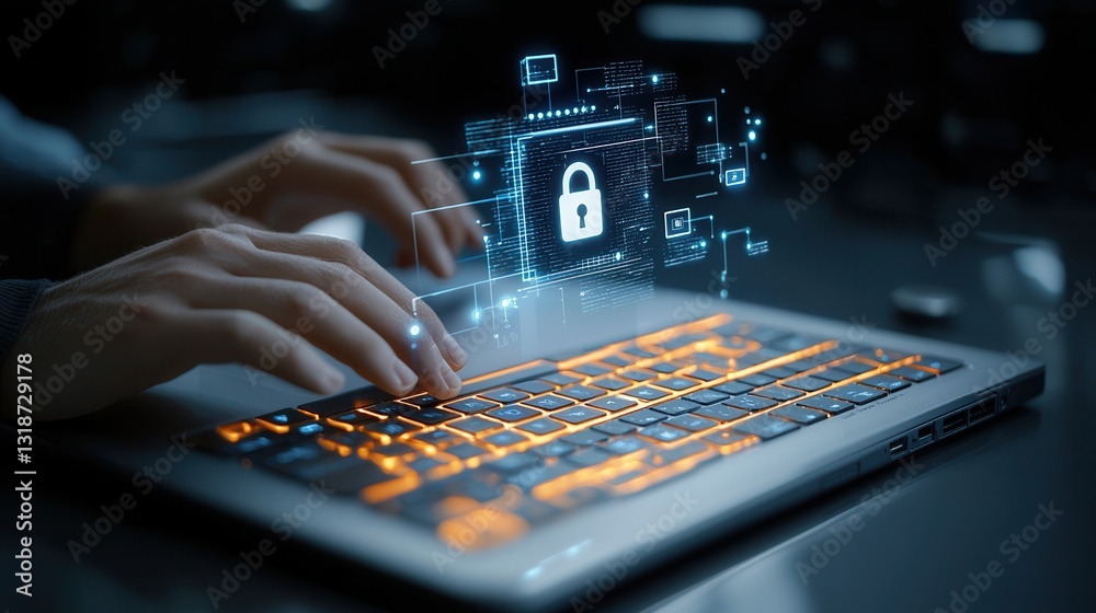 Poster closeup shot of a cyberpunk style coder s hands typing rapidly on a futuristic laptop keyboard with 