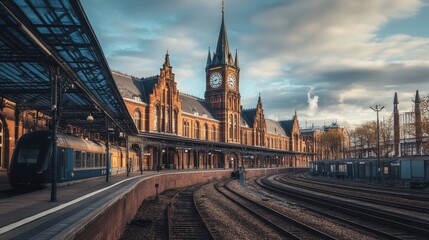 Fototapeta premium Vintage train station with a clock tower, ornate architecture, railway tracks, and passenger train under a textured cloudy sky.