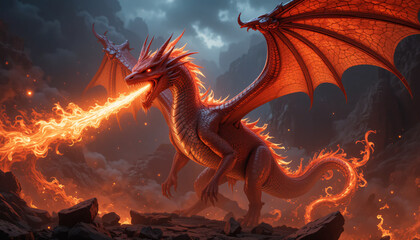 Ferocious Red Dragon Breathing Fire in a Fiery Volcanic Landscape Under a Dark Sky