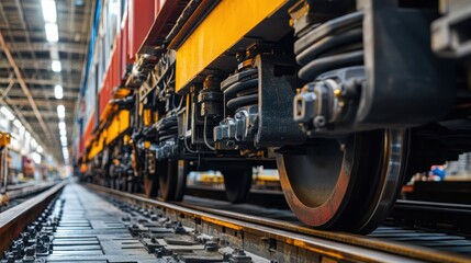 Obraz premium Train Undercarriage and Wheels on Tracks in a Maintenance Hangar