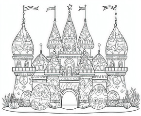 Obraz premium A whimsical castle made entirely out of Easter eggs, coloring page for kids, simple outline illustration. Coloring book.