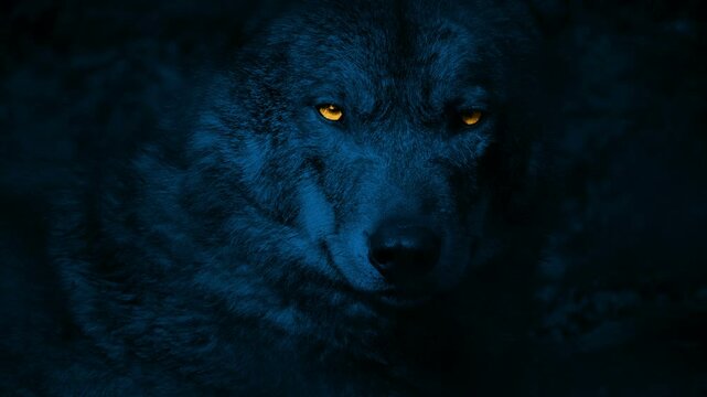 Wolf Growls With Glowing Eyes At Night
