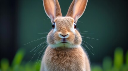 Obraz premium Rabbit with a big nose and big eyes is staring at the camera. The rabbit is brown and has a fluffy appearance