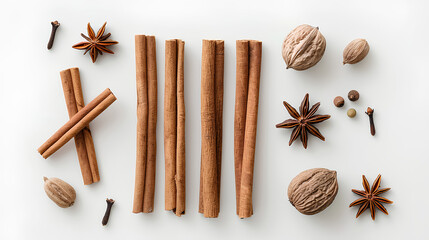 Cinnamon Sticks, Star Anise, and Nutmeg Artfully Arranged on White Background

