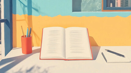 open book on desk with notepad and colorful pens, creating vibrant workspace