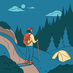 Fototapeta premium Hiker with backpack on a trail overlooking campsite and nature at night