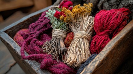Explore the rustic charm of hand-dyed cloths in natural shades, capturing the essence of artisanal craftsmanship and sustainable living with imagery showcasing dried roots and vibrant textiles Delve