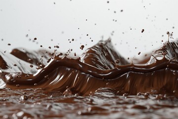 Abstract splash of rich dark chocolate, creating dynamic waves and droplets in a striking display of texture.