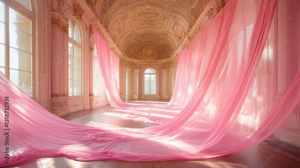 Poster soft pink drapes billow gently in a beautifully ornate room adorned with golden details. sunlight fi