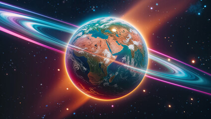 Fototapeta premium Planet earth rotating showing africa and asia continents with planetary rings and colorful nebula background