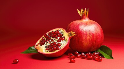 A juicy pomegranate split open on a deep red background, offering rich contrast and ample text space.