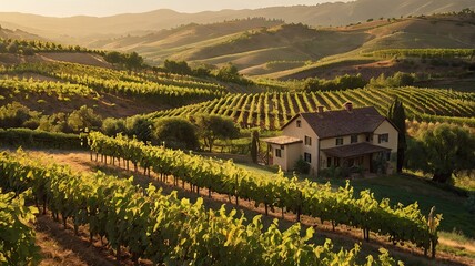 A beautiful vineyard with a house in the middle