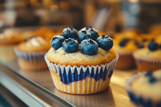 A freshly baked blueberry muffin, golden and inviting, appetizing and warm
