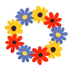 flowers frame. Yellow, blue, pink, yellow, Round frame. Vector illustration Trached.