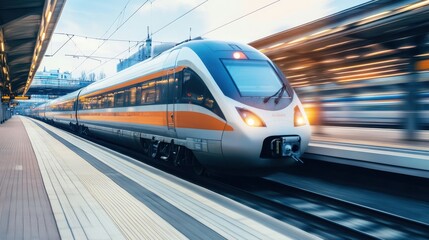 Naklejka premium High-Speed Train Approaching Platform at a Station, Motion Blur, Modern, Transportation, and Futuristic Design