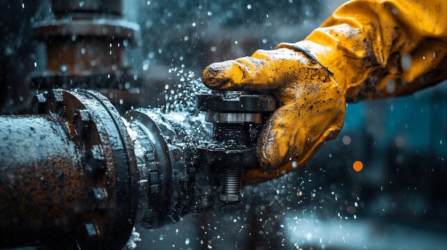 Hand adjusts a pipe valve, leaking water. Industrial work in progress