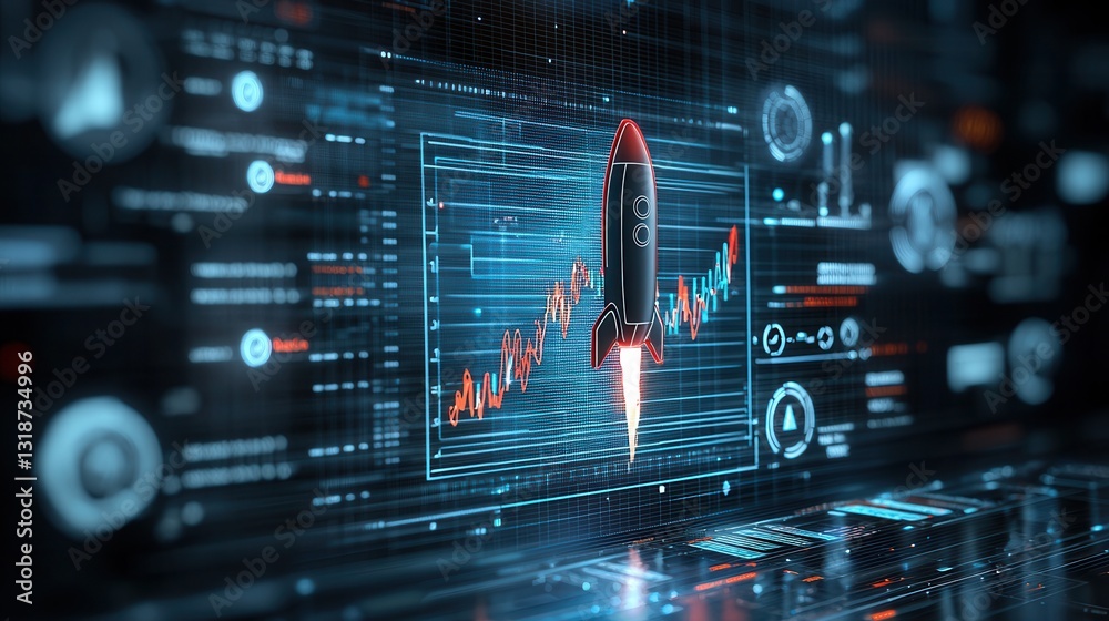 Poster futuristic digital financial growth symbol represented by a rocket launch against a backdrop of adva