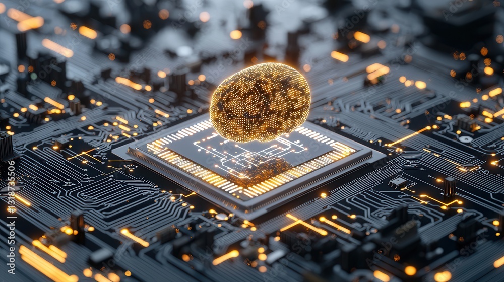 Poster digital intelligence and deep learning concept represented by a microchip circuit board with glowing