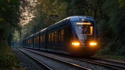 Fototapeta premium Modern light rail train with LED headlights illuminates railway tracks through green forest at dusk. Transport and transportation concept.