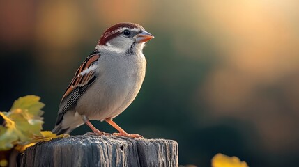 Small bird with a red beak stands on a wooden post. The bird is perched on a branch of a tree