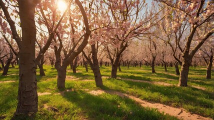 Fototapeta premium A field of trees with pink blossoms