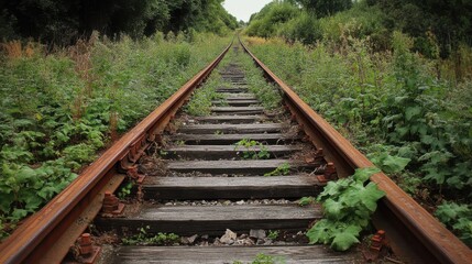 Obraz premium Abandoned train tracks overgrown with green plants create a scene of decay and natural reclamation in the countryside