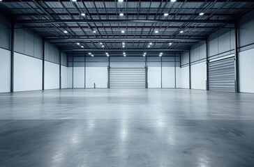 Fototapeta premium Spacious Industrial Warehouse Interior with Glossy Concrete Floor and Bright LED Lighting 