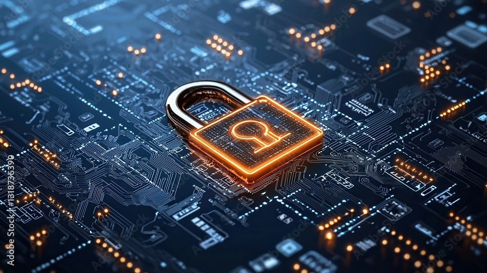 Poster digital security and encryption representation featuring a glowing padlock on a futuristic circuit b