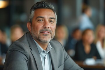 Obraz premium Middle-aged Hispanic man in a suit smiling at the camera in a lively conference setting.