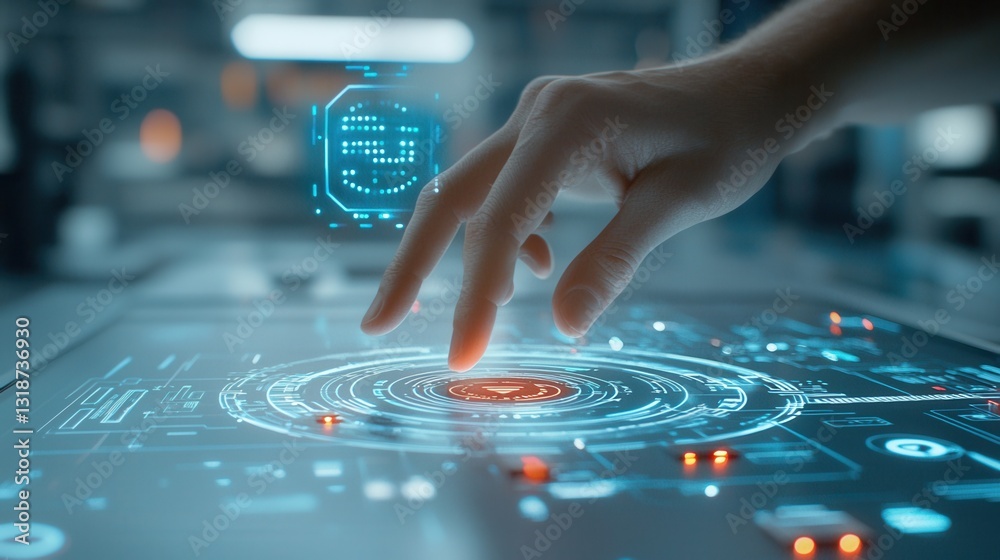 Poster dramatic shot of fast moving fingers pressing an illuminated futuristic digital interface with a hig