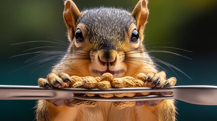 Squirrel is holding a fork and eating a peanut. The image has a playful and lighthearted mood, as the squirrel is not a typical scene to see