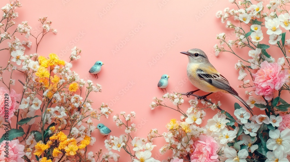 Aufkleber delicate blossoms in shades of pink and yellow frame a tranquil scene featuring a small bird perched