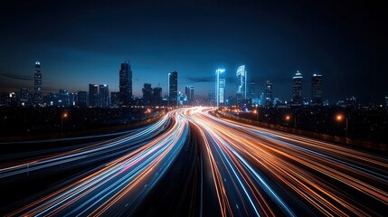 Fototapeta premium Electrifying futuristic city skyline at night with high speed traffic trails and glowing skyscrapers Vibrant urban landscape filled with energy connectivity and technological progress