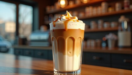Iced Caramel Coffee with Inviting Mood in Cafe