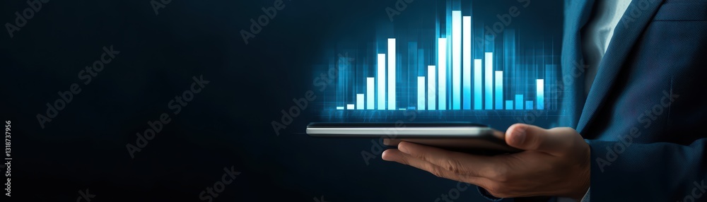 Poster digital growth chart soaring on tablet screen displaying modern data visualization techniques