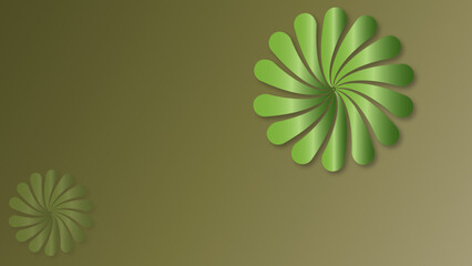 Olive green background, light green spiral geometrical  elements, subtle 3D effect,  shadow that makes them appear to be floating above the background.